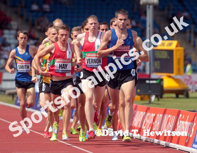 Nick McCormick (Morpeth) leads eventual winner Andy Vernon (Aldershot) during the 5000 metres at the Sainsbury's British Championships, Birmingham.